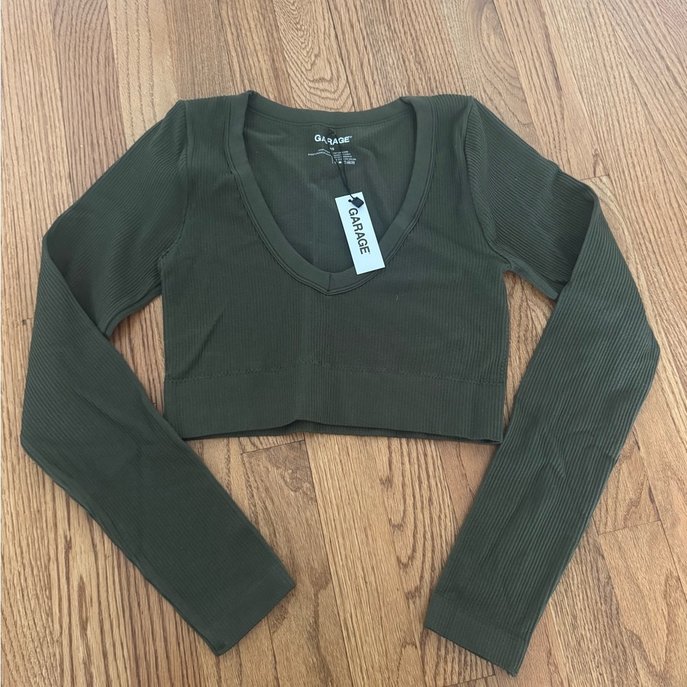 Garage Active Dark Green Ribbed Long Sleeve Crop Top